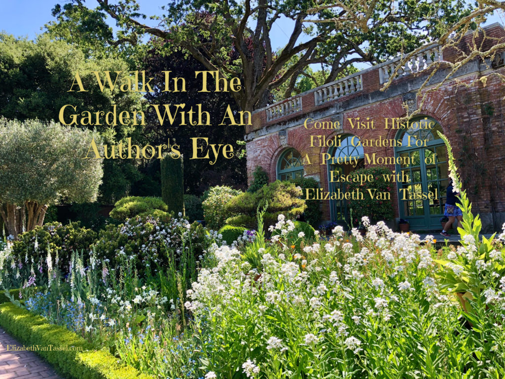 A Walk In The Gardens With An Author's Eye with author Elizabeth Van Tassel garden house and flowers in background at Filoli Gardens.